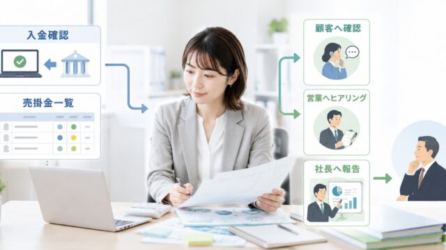 売掛金管理表と入金データを確認する総務経理担当者のイメージ