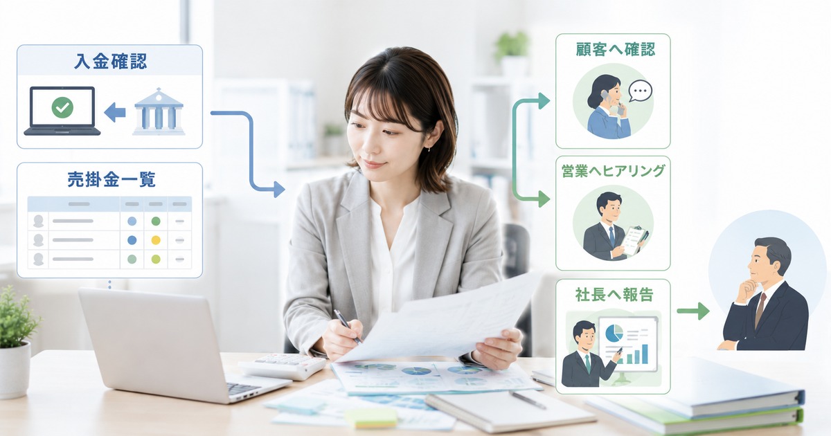 売掛金管理表と入金データを確認する総務経理担当者のイメージ
