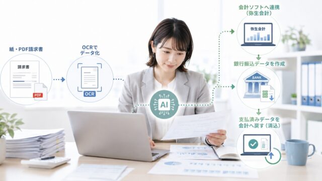請求書処理をOCRから会計と銀行振込データへつなげるイメージ