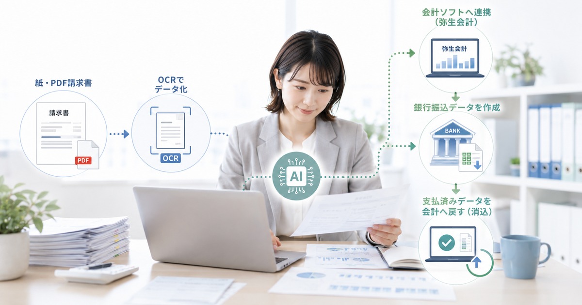 請求書処理をOCRから会計と銀行振込データへつなげるイメージ