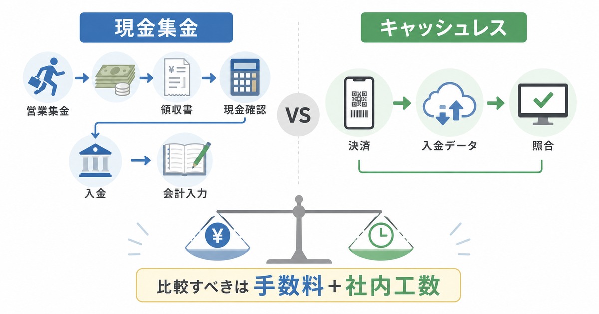 現金集金の見えない工数とキャッシュレスの比較図