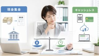 現金集金とキャッシュレスを費用と工数で比較するイメージ