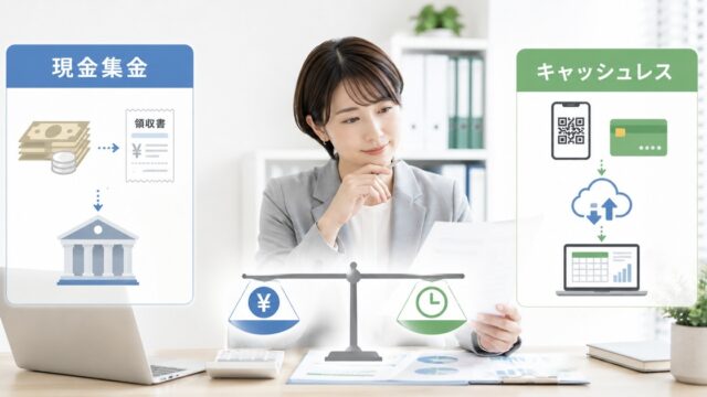 現金集金とキャッシュレスを費用と工数で比較するイメージ