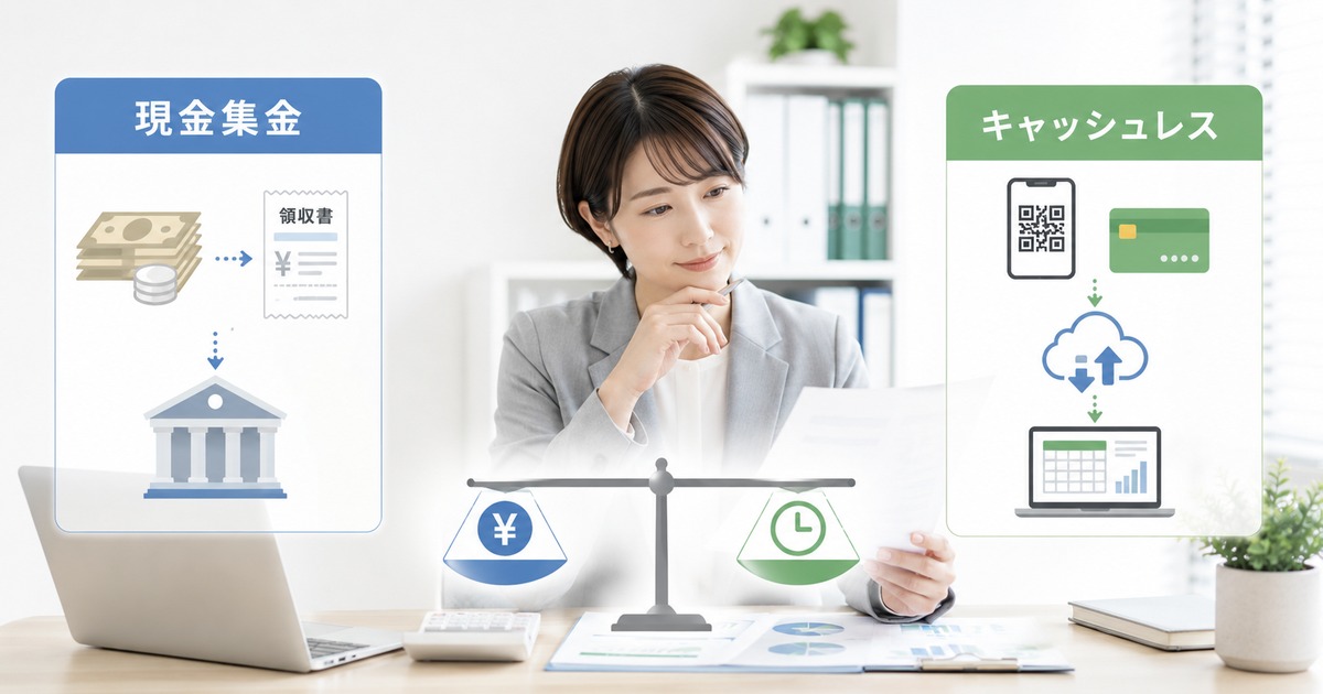 現金集金とキャッシュレスを費用と工数で比較するイメージ