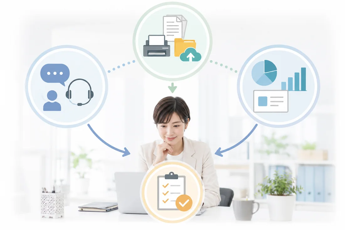一人総務のAI活用を問い合わせ対応、紙書類のデータ化、資料作成に分けて考える図解