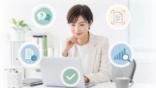 一人総務がAI活用で問い合わせ対応やOCR、データ分析を整理するイメージ
