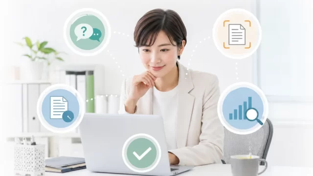 一人総務がAI活用で問い合わせ対応やOCR、データ分析を整理するイメージ
