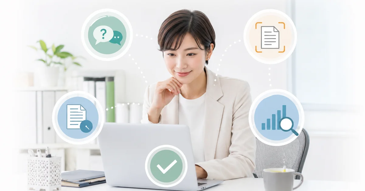 一人総務がAI活用で問い合わせ対応やOCR、データ分析を整理するイメージ