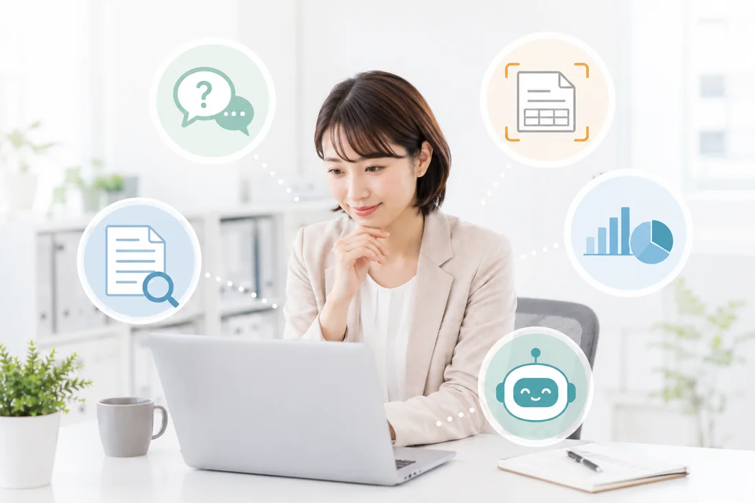 一人総務がAIを使い分けながら社内業務を整理するイラスト