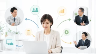 総務が現場、経営層、ITベンダーをつなぎシステム導入を進めるイメージ