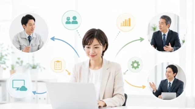 総務が現場、経営層、ITベンダーをつなぎシステム導入を進めるイメージ