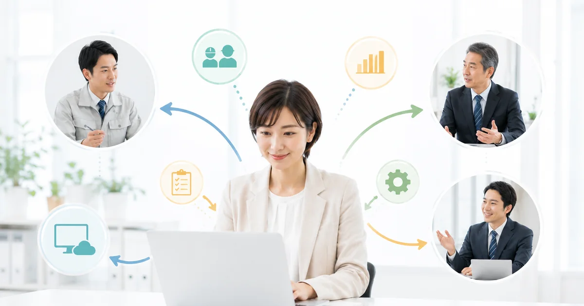 総務が現場、経営層、ITベンダーをつなぎシステム導入を進めるイメージ