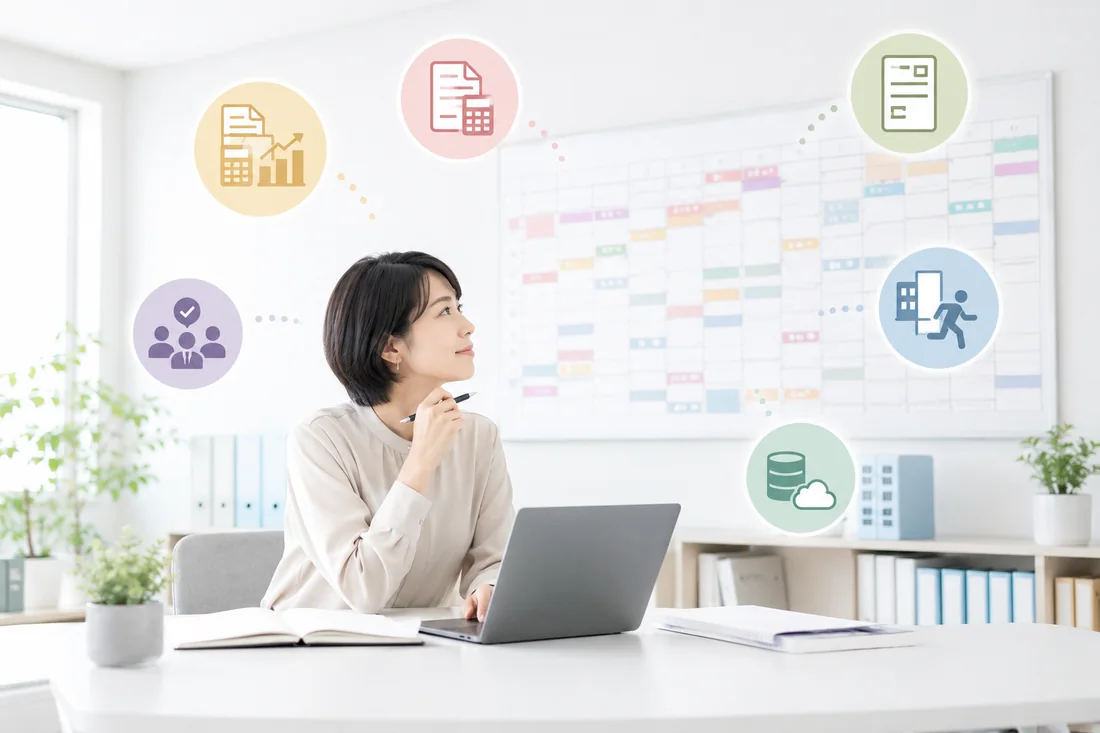 一人総務の年間スケジュールを決算、年末調整、防災、採用などで整理する図解