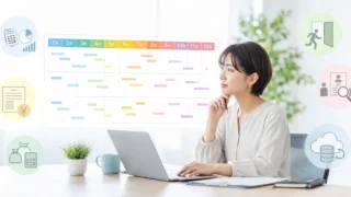 一人総務が年間スケジュールを見ながら月別業務を整理するイメージ
