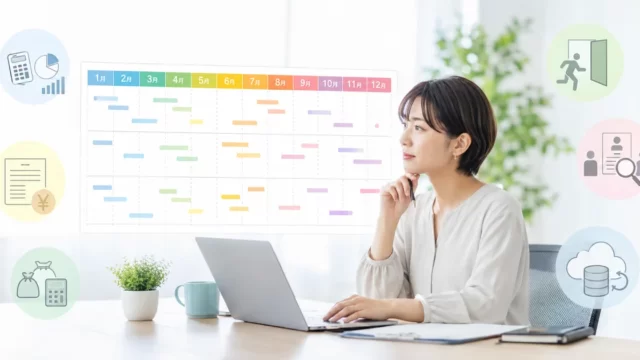 一人総務が年間スケジュールを見ながら月別業務を整理するイメージ