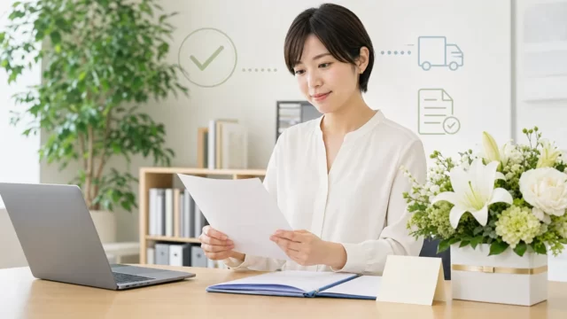 贈答申請書を確認しながら取引先への花の手配と到着確認を進める一人総務