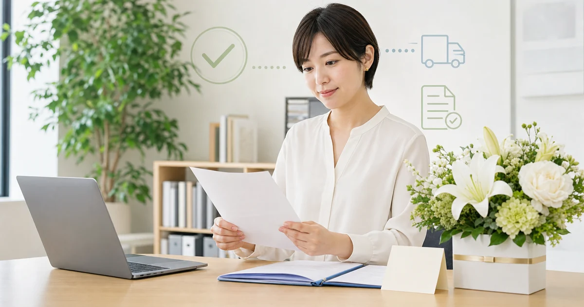 贈答申請書を確認しながら取引先への花の手配と到着確認を進める一人総務