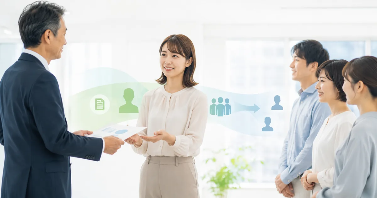経営の方針を一人総務が整理し、社員へ伝える社内発信のイメージ