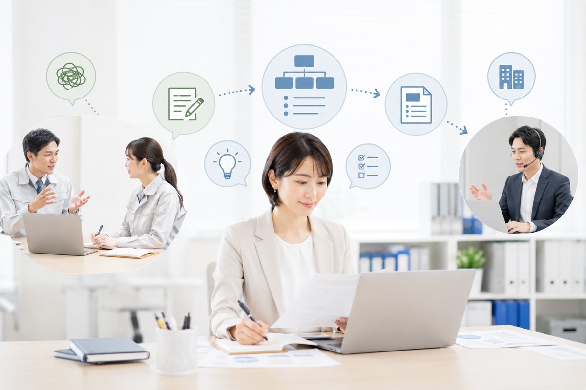現場ヒアリングの内容をシステム会社に伝わる形へ整理する一人総務のイメージ