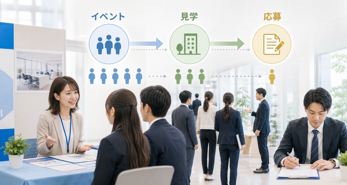 採用イベントから会社見学、応募へ進む歩留まりを確認する一人総務の実務イメージ