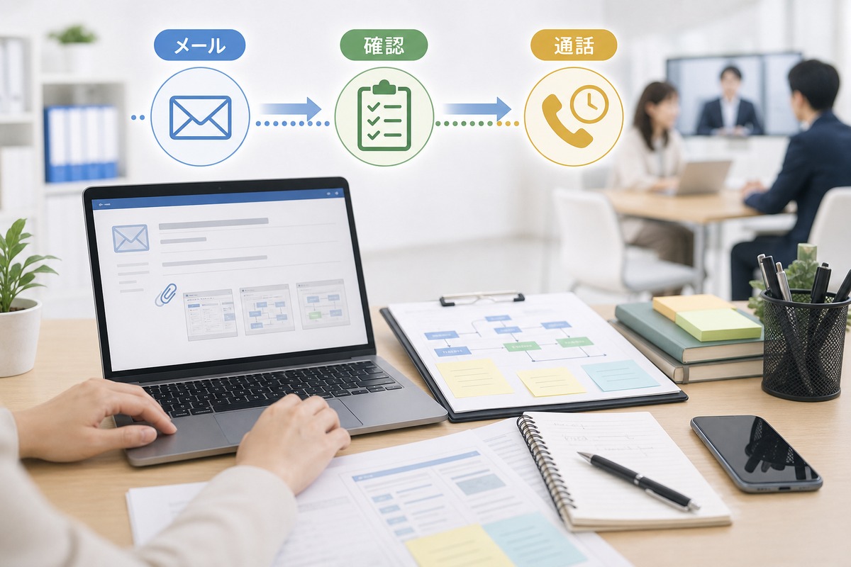 メールで仕様を整理し最後に通話するシステム会社対応の実務イメージ