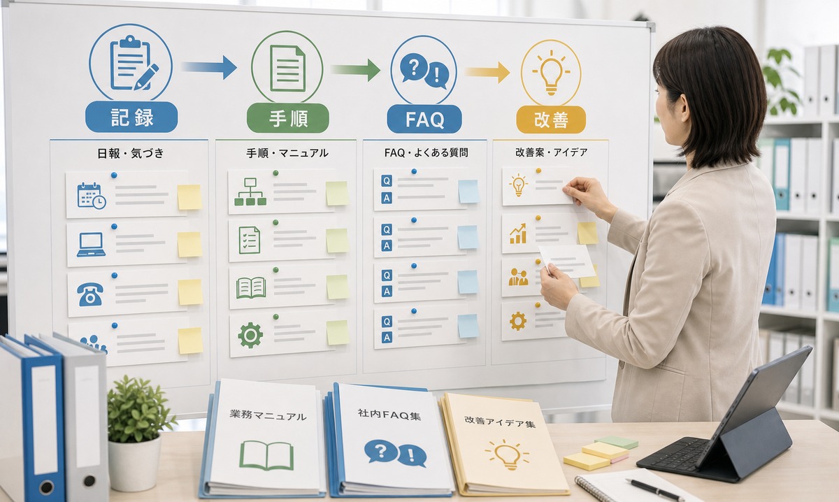 日々の記録を手順化しFAQと改善案へ整理する一人総務の実務イメージ