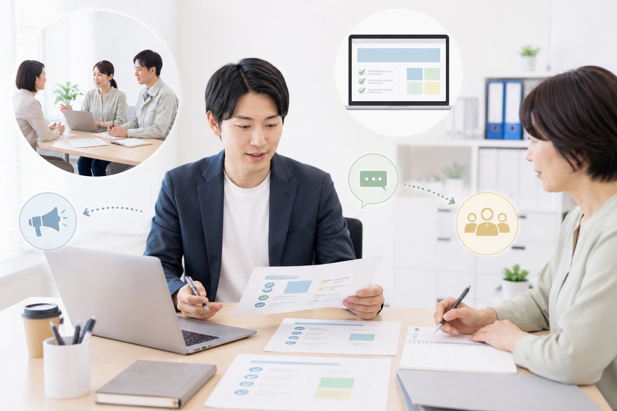 システム変更を社内に共有して説明する総務担当者のイメージ
